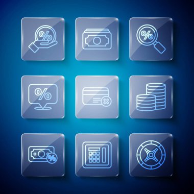 Hat Para% güvenli büyüteç kredi kartı ile İndirim etiketi ve madeni para simgesini kaldırın. Vektör.