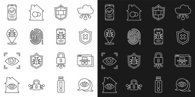 Hat Göz Tarayıcı tebdili kıyafet pencere kalkanını çapraz işaretli tuğlalı duvar parmak izi sistem dinleme cihazı akıllı telefonu ve mobil simgesi ile ayarla. Vektör.