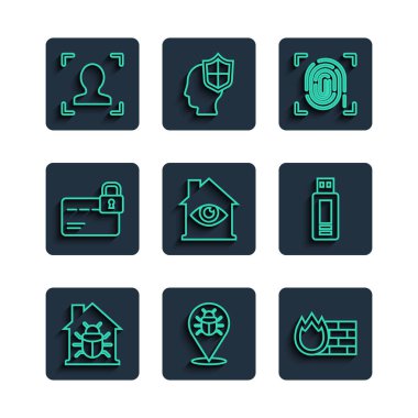 Hat House hata sistemi güvenlik duvarı güvenlik duvarı parmak izini göz taraması kredi kartı kilidi yüz tanıma ve USB flash disk simgesi ile ayarla. Vektör.