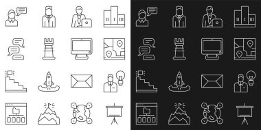 Chalkboard Human 'ı lamba ampulü katlanmış harita konumu iş adamı stratejisi konuşması baloncuğu sohbeti ve bilgisayar izleme simgesi ile ayarla. Vektör.