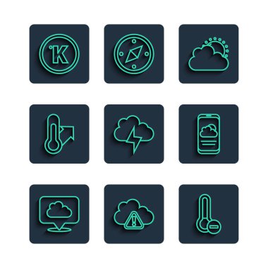 Hat konumu bulut uyarısı Meteoroloji termometresi güneş ve hava durumu Kelvin ve hava durumu ikonu. Vektör.