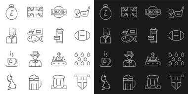 Flamalı rugby topuna İngiltere bayrağı dikelim Londra imzalı Fish chips İngiliz asker para çantası ve posta kutusu ikonu. Vektör.