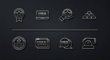 Tarayıcı dizüstü bilgisayarı Cannon ve Independence Day simgesinde ABD etiketli çizgi madalyasını ayarla. Vektör.