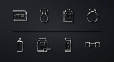 Çevrimiçi fitness ve antrenman torbası Kettlebell Spor Beslenme Salağı ve program ikonu. Vektör.