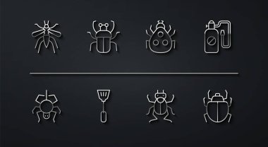 Çizgiyi Sivrisinek Basınçlı Böcek Spreyi Sinek Ezici Stink Mite ve Uğur Böceği ikonu olarak ayarla. Vektör.