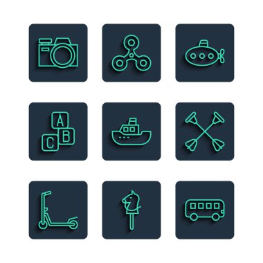 Scooter Oyuncak At Otobüsü Oyuncak Denizaltı Teknesi ABC fotoğraf makinesini ve Arrow 'u enayi uçlu ikon ile engelliyor. Vektör.