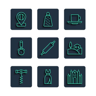 Şarap tirbuşonu kadın elbisesi Milan Katedral Kahve fincanı Rolling Pizza bıçak yeri İtalya bayrağı ve köy manzara ikonu. Vektör.