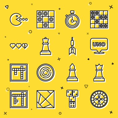 Casino ruleti rulet masası satranç kartı oyunu Stopwatch Hearts for Pacman with eat and Dart ok simgesi. Vektör.