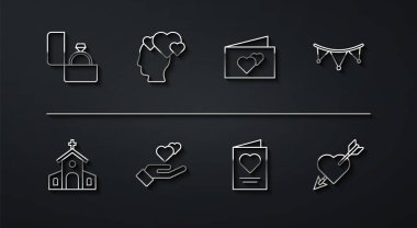 Elmas nişan yüzüğü kilisesi, bayrak taşıyan karnaval çelengi, tebrik kartı, kalp başı, Amour oku ve ikonu. Vektör.