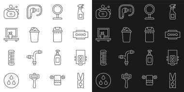 Çizgiyi tamamlayın. Giysi iğnesi, kazan bıçağı, jilet, jilet, makyaj aynası kovası, sabun köpüğü, lavabo çubuğu ve çöp tenekesi ikonu. Vektör.