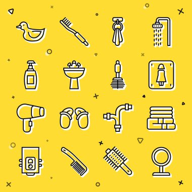 Yuvarlak makyaj aynası, havlu yığını kadın tuvaleti, musluk musluğu, su şişesi, plastik ördek ve tuvalet fırçası ikonu. Vektör.