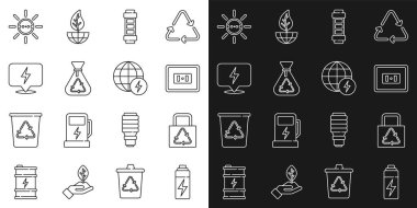 Elektrik geri dönüşümlü çöp yıldırımı güneş enerjisi paneli ve küresel güç gezegen ikonu olan pilli kağıt torbayı hazırlayın. Vektör.