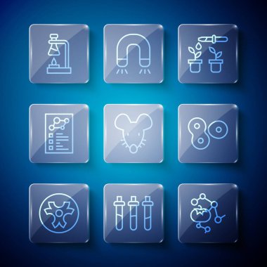 Biyolojik tehlike sembolü Reaktif şişe genetik olarak modifiye edilmiş yiyecek Pipette 'i ve deneysel fare kliniği test tüpünü ateşe ver ve hücre bölünme ikonu. Vektör.