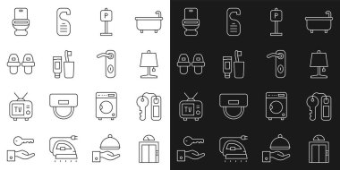 Hat Lift Hotel kapı kilidi anahtar masa lambası diş fırçası diş macunu terlikleri klozet ve kapı kolu ikonu. Vektör.