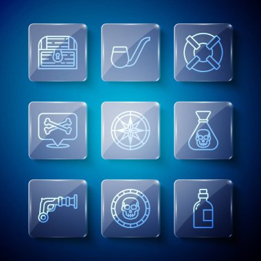 Klasik tabancalar Korsan madeni para alkolü Rum Lifebuoy Pusula Konumu korsan antika hazine sandığı ve simgesi. Vektör.