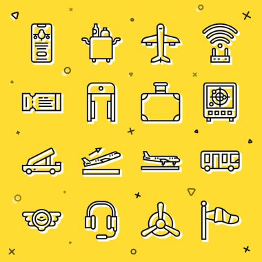 Hedef göstericisi Plane Metal detektör havaalanı havaalanı bileti Mobile ve Bavul ikonu olan Cone hava yolu otobüsü Radar hattını ayarlayın. Vektör.