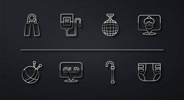 Çizgi Spor Genişletici İplik topu örgü iğneleriyle Bakımevi Yürüyen Çubuk IV çanta Yetişkin Bezi ve Disko ikonu. Vektör.