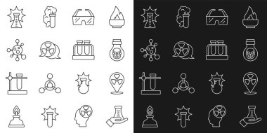 Test tüpünü ve matarayı Zehirli Şişe Güvenlik Gözlüğü gözlüğü Molekül Kimyasal Patlama ve ikona ayarlayın. Vektör.