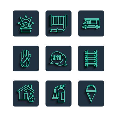 Yangın söndürme konisi kamyonundaki hattı ateşe verin. Telefon 911 'i arayın. İtfaiye sireni ve kaçış ikonu yok. Vektör.