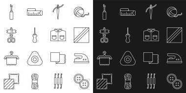 Hat dikiş düğmesi elektrikli demir kumaş rulo iğne iplik Awl aracı makas ve gömlek ikonu ile ayarlayın. Vektör.