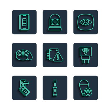 Hat dijital kapı kilidi elektrikli diş fırçası akıllı ampul ampul güvenlik kamerası evini akıllı telefon şarjı ve elektrik prizi ikonu altına alın. Vektör.