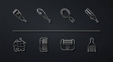 Elektrikli saç makasıyla köpüklü saç fırçası tokası ve el aynası ikonu. Vektör.