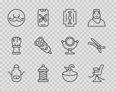 Berber önlüğü, berber önlüğü, bıçak, jilet, jilet, jilet, jilet, saç tokası ikonu. Vektör.