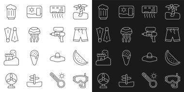 Dalış maskesi, karpuz yüzme şortu, denizanası, plastik yüzgeçli yüzgeçler, tahta bira bardağı ve silah ikonu. Vektör.