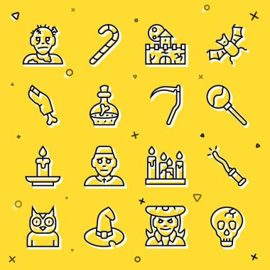 Sihirli Kafatası Sihirli Asa Lolipop Kalesi Şişe İksir Zombi parmak maskesi ve Tırpan ikonu ile. Vektör.