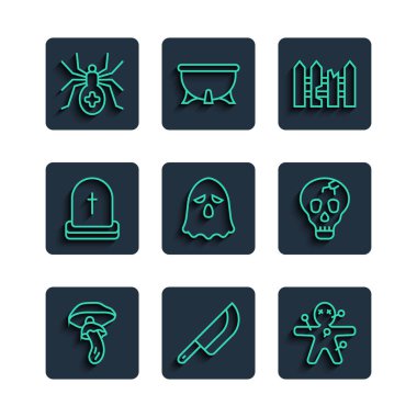 Psilocybin mantar mantarı Bıçak Voodoo bebek bahçe çitleri tahta Hayalet Tombstone ve RIP yazılı Örümcek ve Kafatası ikonu. Vektör.