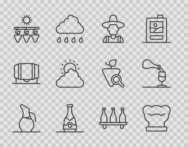 Şarap şefi şapkalı çiftçi şampanya şişesi kurutulmuş üzümlü güneş ve bulut havası ikonu ve şarap tatma ikonu için replik belirle. Vektör.