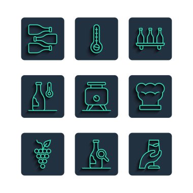 Bir demet üzüm şarabı şarap tatma fermantasyon fermantasyon sıcaklığı şişeleri ve şef şapkası ikonu. Vektör.