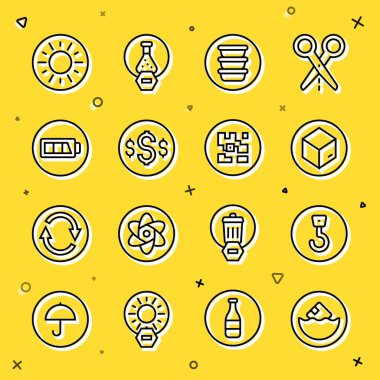 Karton karton kutu, sanayi kancası dolar sembolü Battery Sun ve QR kod ikonu. Vektör.