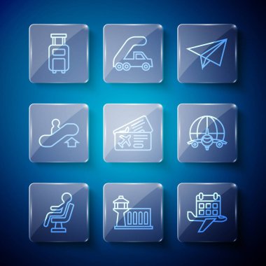 Havaalanı kontrol kulesi Takvim ve uçak Paper Airlines bilet kuyruğu Bavul ve Globe 'da uçan ikonla bekliyor. Vektör.