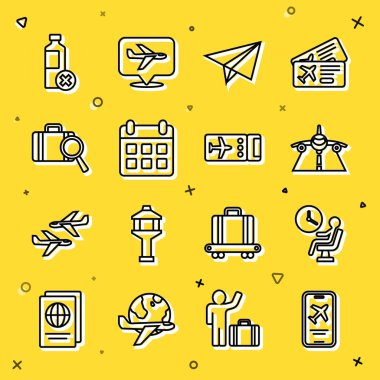 Hat Mobil 'i uçak terminalinde bekleyen bilet ile ayarla. Uçak Kağıt Uçak Takvimi ve Kayıp bagaj. Su şişesi ve hava yolu simgesi yok. Vektör.