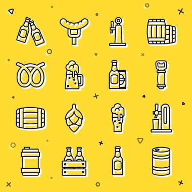 Metal bira fıçısı musluğunu cam şişe açacağıyla tahta bardak simitleriyle ve ikon kutusuyla ayarla. Vektör.