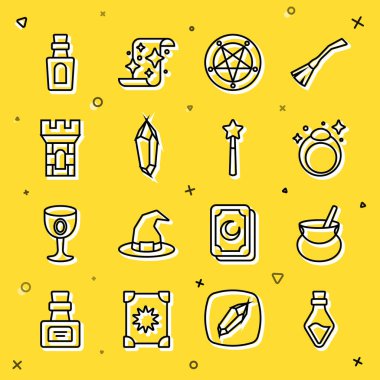 Büyülü İksir Cadısı kazanı, beş köşeli kale kulesi ve değnek ikonuyla bir çizgi çiz. Vektör.