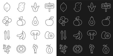 Erikli meyve, Kiwi Elmalı Mısır Mango Brokoli Limonu ve Avocado ikonu. Vektör.