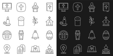 Paskalya Yumurtası Papazı 'nın, mum yakan Hıristiyan haçı ve söğüt yaprağı ikonu için vaaz verdiği kilise hattını belirleyin. Vektör.