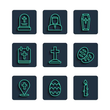 Paskalya Yumurtası Yanan Tabut Mezarı 'nı, çapraz takvim mezar taşı ve Hıristiyan ekmek ikonu ile inşa etmek için kilise hattını ayarlayın. Vektör.