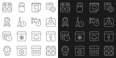 Çizgi Zaman dilimi saatlerini ayarla Takvim Günbatımı Temizleme zamanı Antika satranç ve uyku simgesi. Vektör.