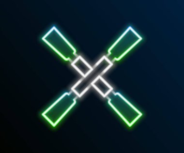 Parlayan neon hattı kürekler veya kürekler siyah arkaplanda izole edilmiş bir tekne simgesi. Renkli taslak konsepti. Vektör.