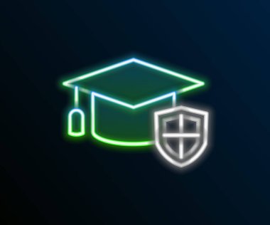 Parlak neon çizgisi derecelendirme başlığı ve siyah arkaplanda izole edilmiş kalkan simgesi. Sigorta konsepti. Güvenlik, güvenlik, koruma, konsept koruma. Renkli taslak konsepti. Vektör.