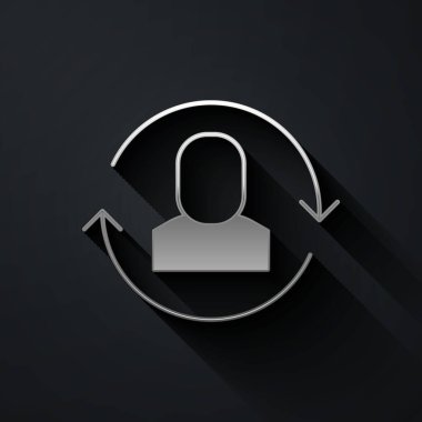 Silver Exchange çalışma simgesi siyah arkaplanda izole edildi. İnsanlar arasında bilgi alışverişi. Personel ya da insanlar yer değiştirme ya da yer değiştirme konsepti. Uzun gölge tarzı. Vektör.