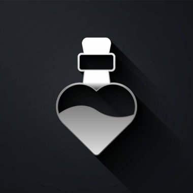 Siyah arka planda aşk ikonu olan gümüş şişe. Sevgililer günün kutlu olsun. Uzun gölge tarzı. Vektör.
