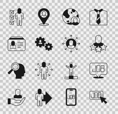 Arama Görevi Üretken İnsan Küresi ve Vites Özgeçmişli ve Çoklu Görev Yöneticisi olan insanlar ikon üzerinde çalışıyor. Vektör.