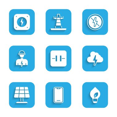 Elektrolitik kapasitör Mobil telefon ampulünü yaprak bulutu ve yıldırım güneş enerjisi paneli elektrikçi No ve Şimşek cıvata simgesi ile ayarla. Vektör.