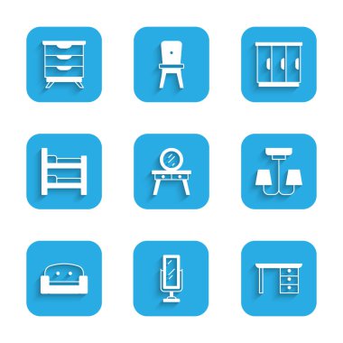 Giyinme masasını büyük boy aynalı ofis masası avize koltuğu ranza dolabı gardırop ve mobilya komodininin simgesini ayarla. Vektör.