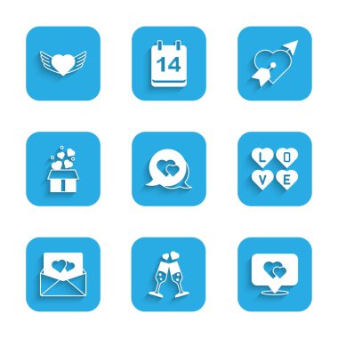 Heart 'ı konuşma baloncuğunda ayarla. Şampanyanın yeri. Aşk metni, Sevgililer Günü hediye kutusu kalpleri. Vektör.