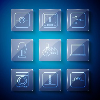 Elektronik devre indüktörü, Nükleer Santral Masa Lambası, Ohmmeter ve Laptop ikonunda çamaşır makinası dönüştürücüsü ayarlayın. Vektör.